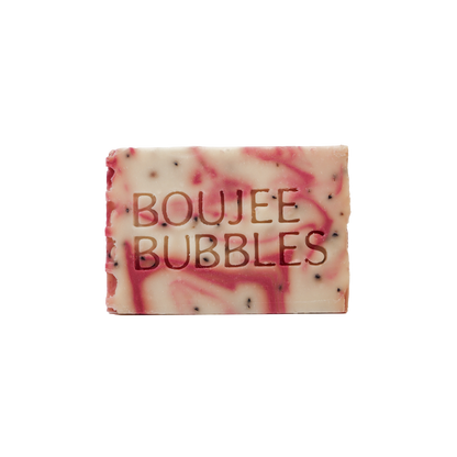 Bar of soap with 'BOUJEE BUBBLES' text on a white background